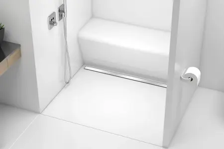 Shower area with linear drainage and benches