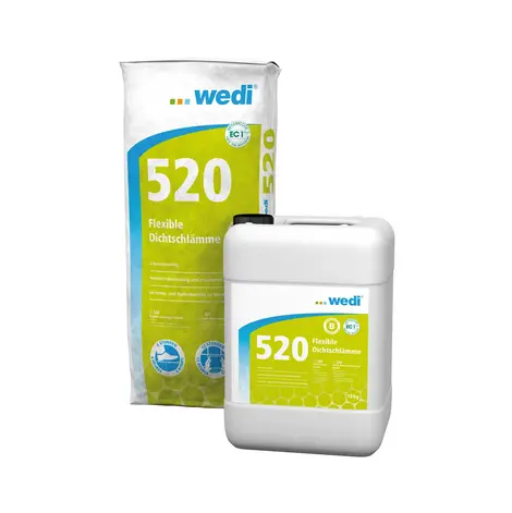 wedi 520 flexibele afdichtingsmortel als tweecomponentensysteem met poeder- en vloeistofcomponent.
