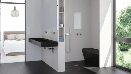 Bathroom with functional elements and design surfaces