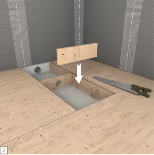 2. Schalung vorbereiten Einsetzen einer Holzverstärkung in die vorbereitete Aussparung des Holzuntergrunds für den waagerechten Ablauf.