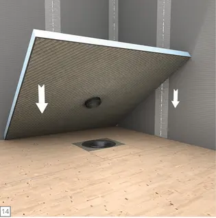14. Duschelement einsetzen Einsetzen des wedi Fundo Bodenelements mit aufgetragenem Fliesenkleber auf den vorbereiteten Holzuntergrund über dem Ablaufgehäuse.