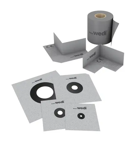 wedi waterproofing accessories with sealing tape, preformed internal and external corners, and pipe collars in various sizes.