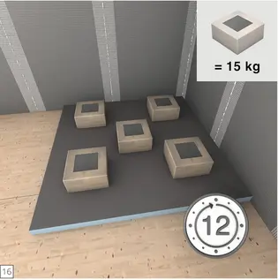 16. Duschelement beschweren und Kleber aushärten lassen Beschweren des eingesetzten wedi Fundo Bodenelements während der Aushärtung des Fliesenklebers für 12 Stunden.