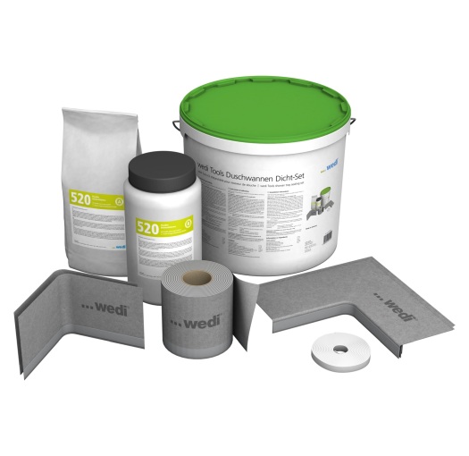 Sealing set with 2-component sealing sludges and wedi Tools sealing tape and sealing corners for flexible impact sealing