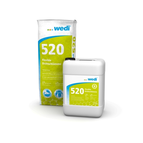 Flexible, waterproof and frost-resistant, 2-component sealing sludges wedi 520 for sealing under tile coverings