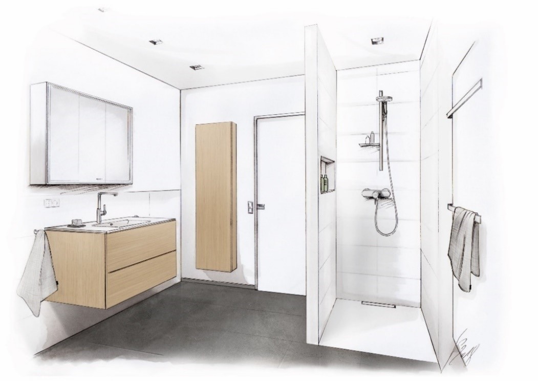Mit dem wedi Sanwell Wandelement lässt sich das Bad leicht in verschiedene Raumzonen aufteilen. Es gewährleistet die nötige Intimität des Duschbereichs und schützt zugleich die Lauffläche vor Spritzwasser.